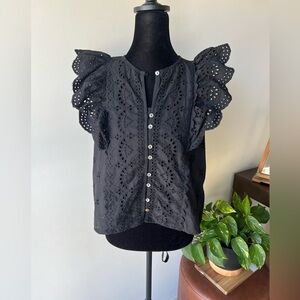 Industry Black Eyelet Ruffle-Sleeve Button Front Blouse